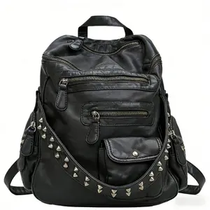 Ladies' fashionable Y2K vegan leather backpack with large capacity, vintage and spicy girl made old shoulder bag, multiple pockets, rivet women's wallet suitable for daily commuting, is a perfect holiday gift