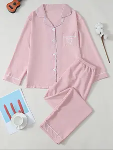 Women's Long Sleeve Heart Embroidery Sleepwear Set, Casual Fitted Plain Design, Perfect for Indoor & Outdoor Use, All Seasons Comfort, Pajama, Loungewear, Pjs