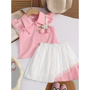 New(New)New Girls' Set, Stylish Children's Summer Outfit, Little Girl's Short-Sleeve Shirt and Pleated Skirt 2pcs Set