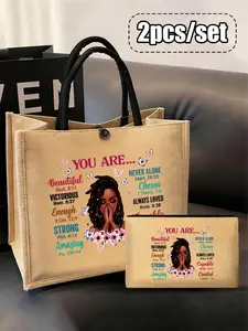 Fashionable Large Capacity Handbag Set, Zipper Makeup Bag, Motivational Quotes, Multifunctional Shoulder Bag, Casual Linen Bag, Travel Cosmetic Bag, Makeup Organizer Pouch, Makeup Storage Bag, Travel Essentials