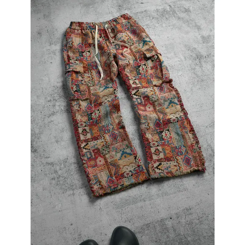 Men’s Vintage Exotic-Print Patchwork Cargo Pants - Multiple Pockets, Fringe Hem, Drawstring Workwear Fabric Pants for Street Fashion, Daily Commuting