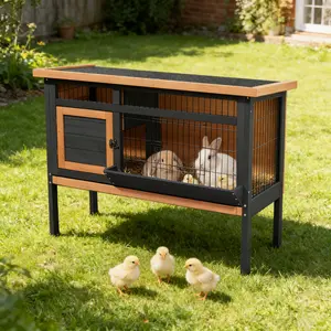 Rabbit Hutch with Removable Tray & Openable Roof - Elevated Wooden Bunny Cage
