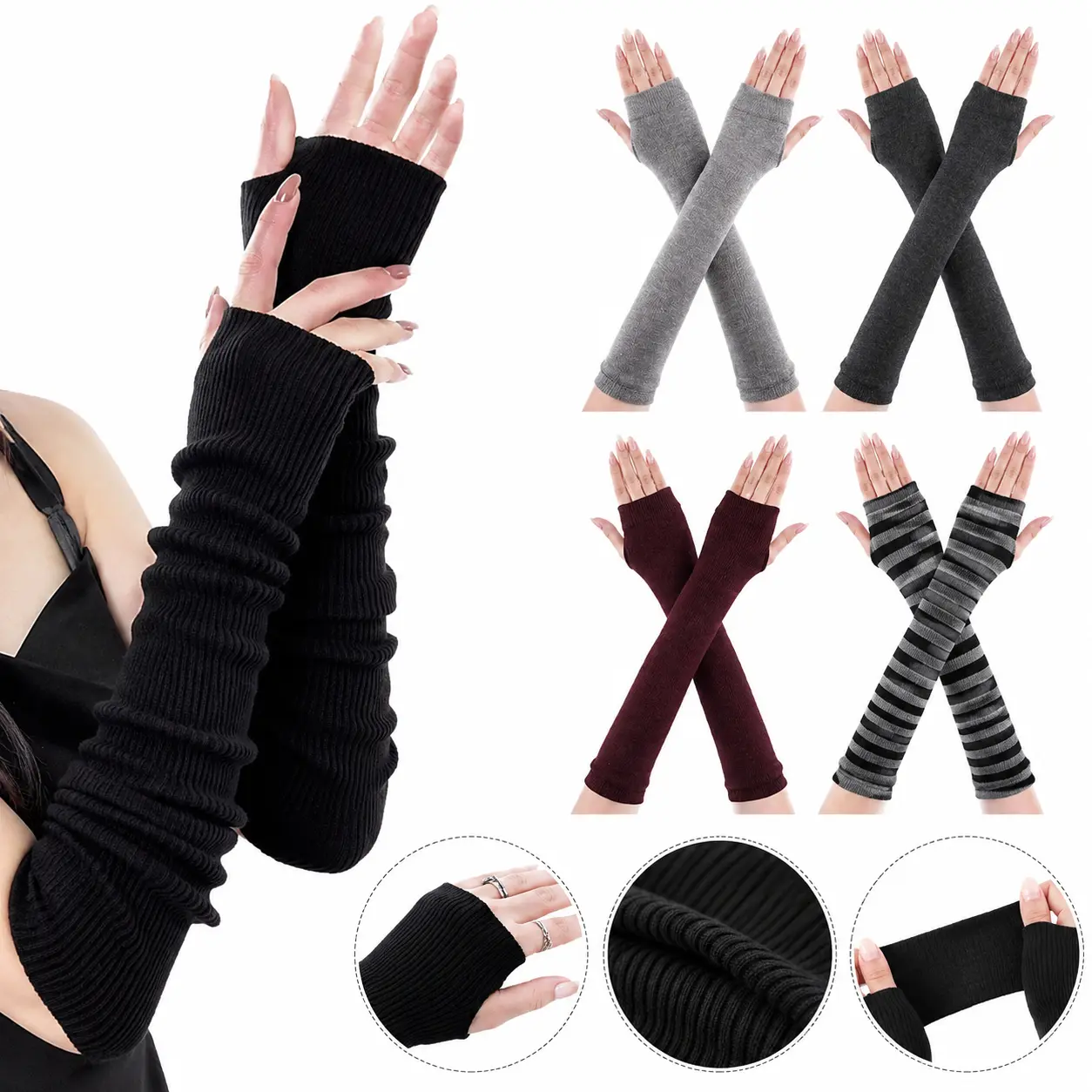 Women's Punk Gothic Arm Warmers, 4-Pair Funky Style Set, Striped & Solid Fingerless Sleeves, Elbow Length Stretch Knit with Thumb Hole for Cosplay & Music Festivals, Warmth, Colorways, Accessories For Women, Acrylic Knit, Stripes/Solid, Arm Sleeves Women'
