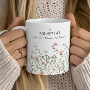 [Sale up to 40%] + [FREE SHIP] Personalized Mom Mug with Kids Names, Mom Floral Coffee Cup, Mother’s Day Gift, gift for mom