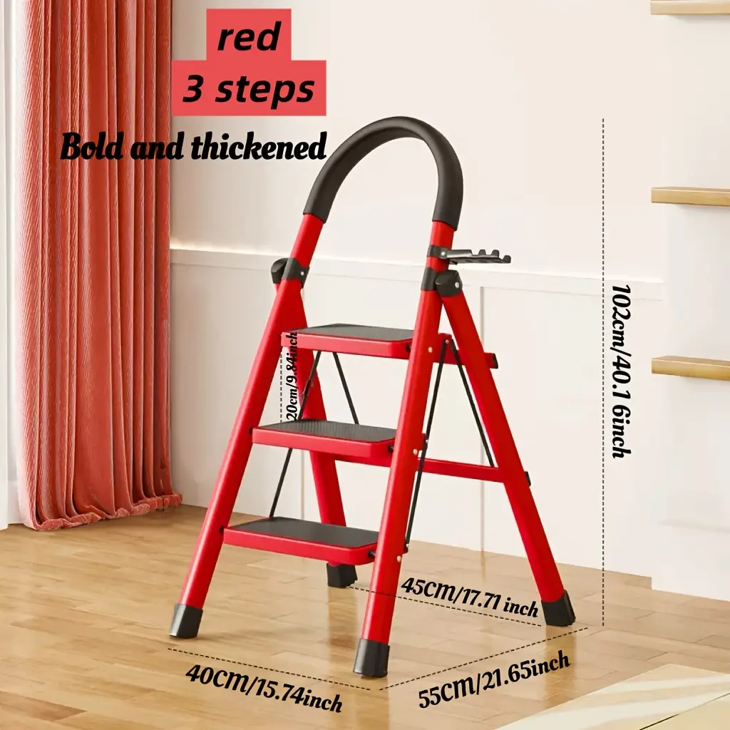 1pc Heavy-Duty 2/3/4/5-Step Portable Folding Ladder, 500 Lbs Load Capacity, Durable Plastic Material with Non-Slip Steps, Lightweight and Portable, Suitable for Home and Industrial Use Color: Three-step red