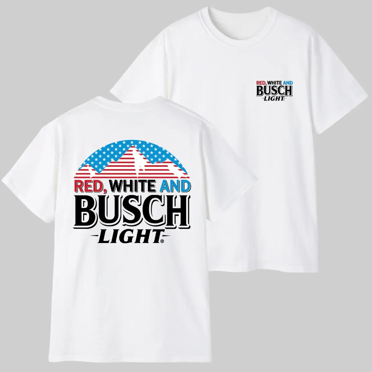 Unisex Round Neck Short-Sleeve T-Shirt, Red White Busch 4th of July Patriotic Merch, 2-Sided Beer Graphic Casual Streetwear Fashion Top, Shortsleeve, Fabric, Menswear