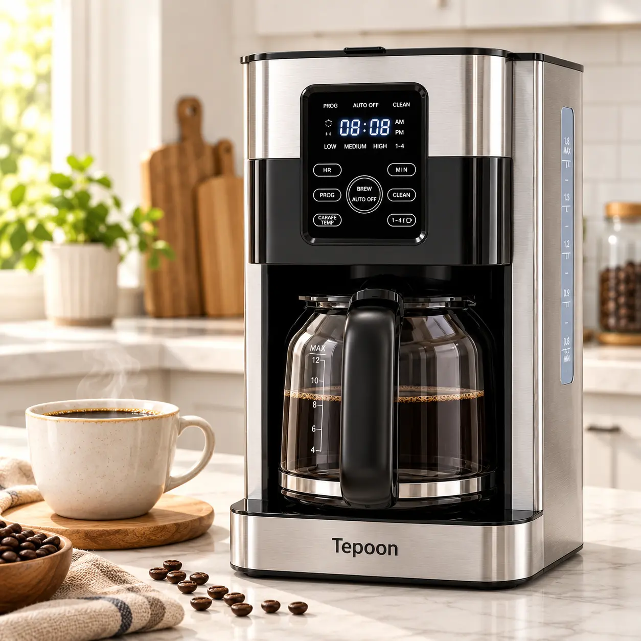 Tepoon 12-Cup Programmable Coffee Maker, 1.8L Drip Coffee Machine with Digital Control Panel, Reusable Filter Basket, Glass Carafe, Keep Warm Function, Auto Clean and Brew Timer for Home and Office
