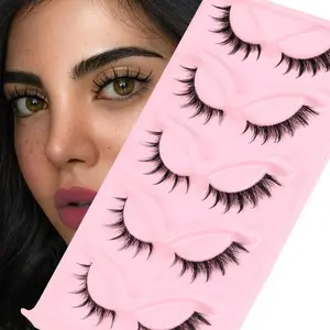 Cat Eye False Eyelashes, Fluffy Cluster Lashes, Natural Comic Style, Fine Cross Fox Eye Lashes, C-Type Curl, Transparent Band, 5 Pairs Set, Eyelash Clusters Kit