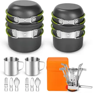 16pcs Camping Cookware Mess Kit, Lightweight Pot Pan Mini Stove with 2 Cups, Fork Spoon Kits  Backpacking, Outdoor Camping Hiking and Picnic