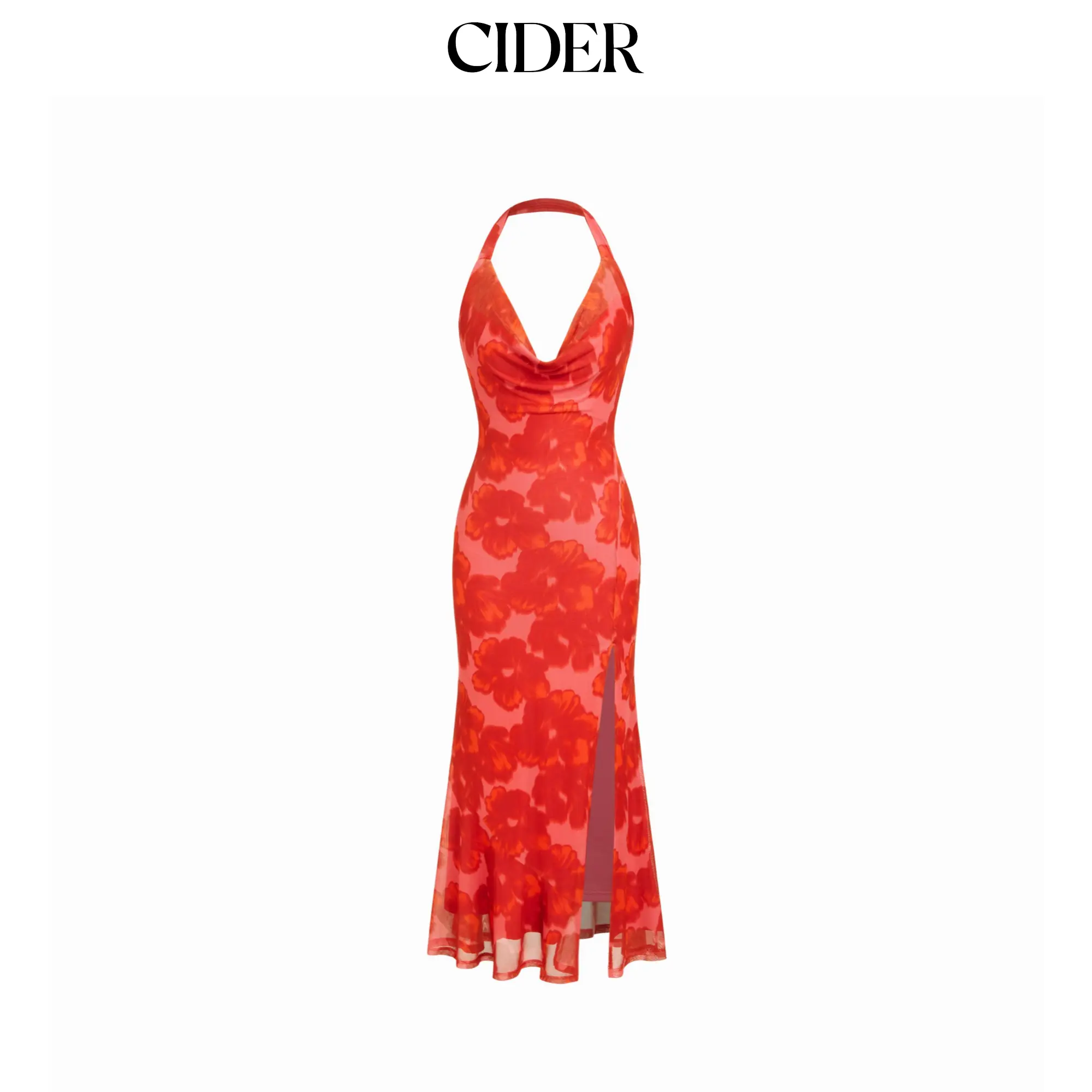Cider Women's Chic Elastane Floral Mesh Halter Neck Sleeveless Maxi Dress - Mermaid Style with Asymmetrical Split, Elegant Formal Wear, No Excessive Ornate Details, Maxi Length Design, Clothes, Party