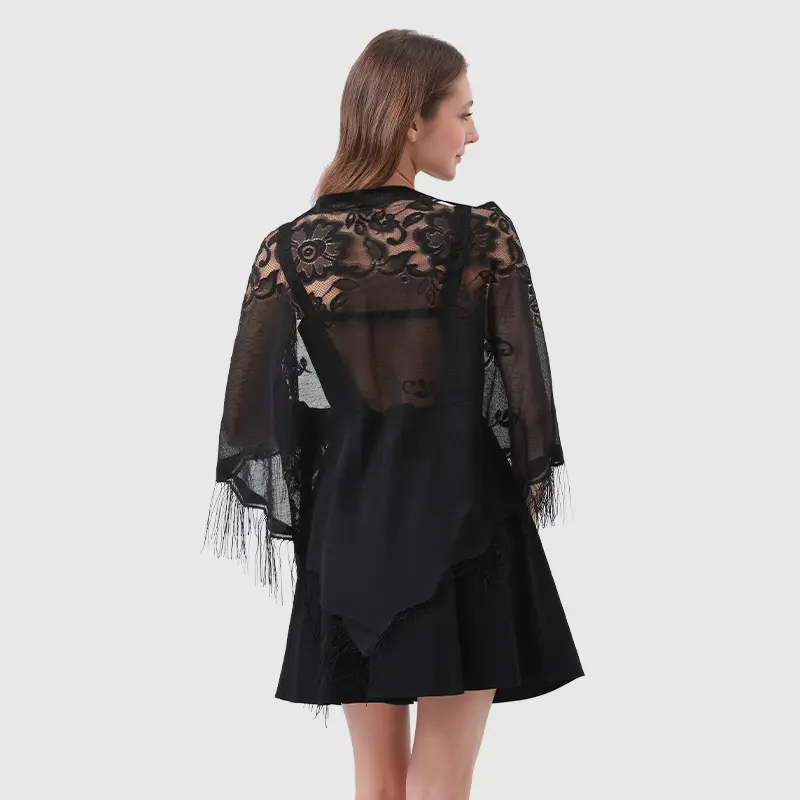 Fringe Detail Floral Lace Shawl, Casual Soft Scarf, Casual Soft Comfortable Shawl, Versatile Scarf, Season Shawl, Fashion Apparel, Sheer Lace Swimsuit Coverup, Elegant Beach Cover-Up Shawl for Casual Outdoor and Holiday Vacation sohochic