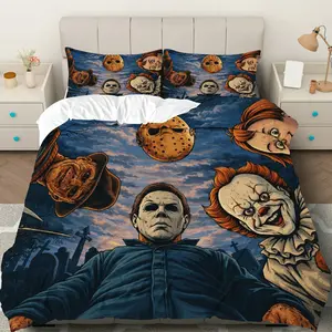 3PCS Duvet Cover Set, 1 Duvet+2 Pillowcases(Without filler), Horror Movie Villains Theme, Halloween bedding set, Spooky Decoration Suitable for bedroom, guest room, dorm, living room.