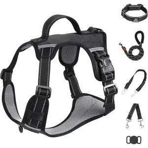 IEUUMLER No Pull Dog Harness, Reflective Front Clip Vest with Leash,Safety Belt and Backup Safety Strap, Adjustable Easy Control Handle,Air Tag Dog Collar for Small Medium Large Dogs EU021 (Black, S)