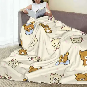 Rilakkuma Cartoon Flannel Blanket Kawaii Anime Cute Cozy Warm Soft Fleece Plush Throw Novelty Bedspread Sofa Couch Bed Cover Lightweight All Season Travel Airplane Home Room Decor Viral Aesthetic Japanese Snuggly Gift For Kids Girls Teens