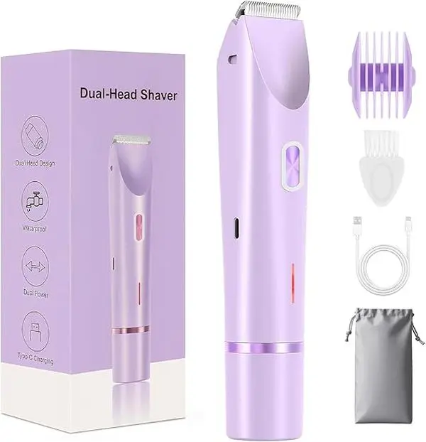 Women's Zyler Mart 2-in-1 Dual Head Body Hair Trimmer - 2025 New Glow Aura Purple Intimate Pubic Trimmer, Cordless USB Waterproof Rechargeable High Quality Painless Electric Razor for Silk Skin Hair Removal, Cordless Rechargeable Trimmer, Waterproof Recha
