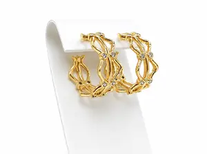 14K Gold-Plated Bamboo Hoop Earrings – Crystal Accent Hoop Earrings for Women