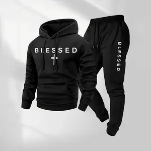 Men's Blessed Cross Letter Pattern Print Hoodie and Drawstring Sweatpants Set, Menswear, Casual Athletic Long Sleeve Hooded Jacket & Trousers for Fall & Winter, Men's Clothing for Daily Wear, Sportswear Indoor Outdoor, Tracksuit, Athleisure