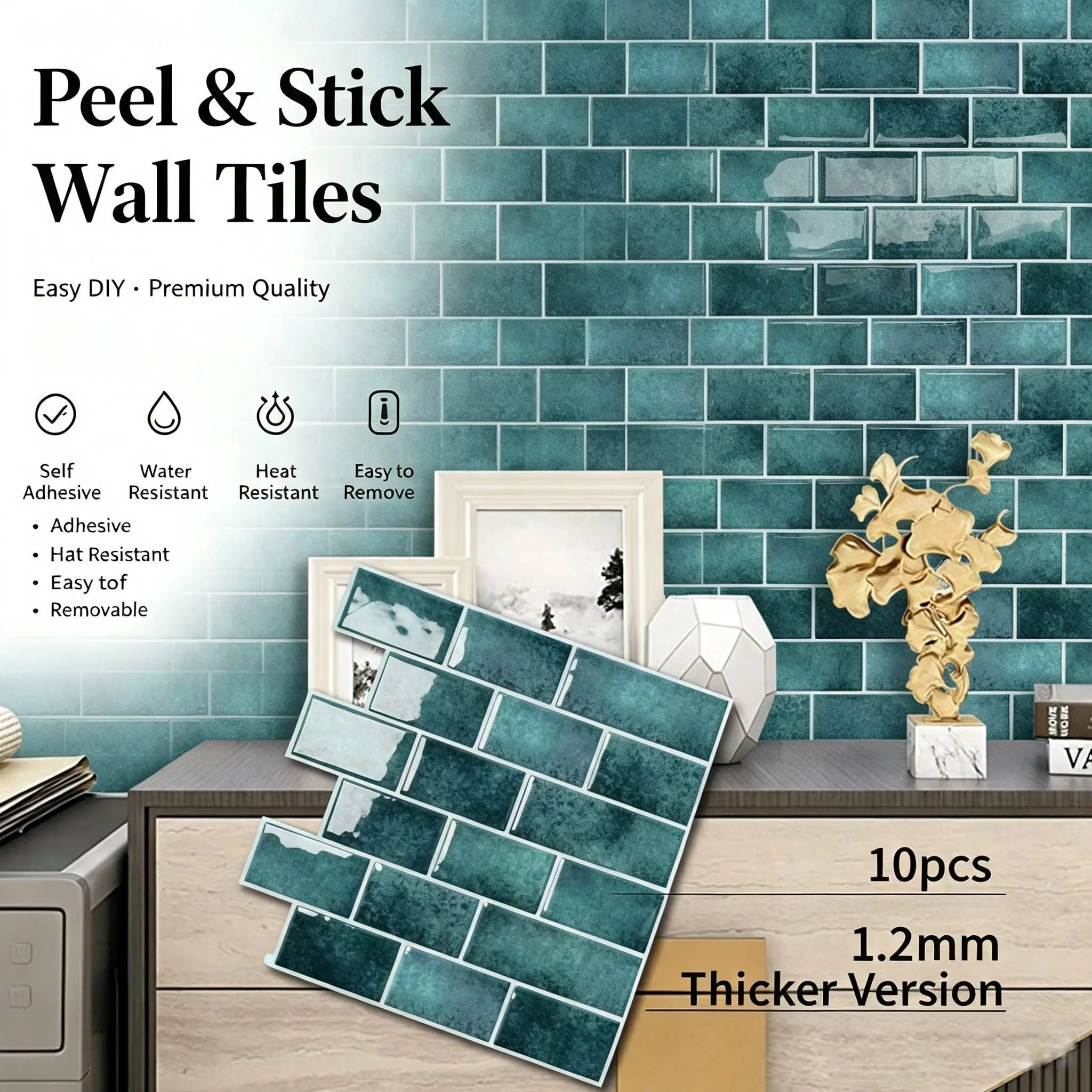MOONFUN 10-Sheet Teal Green Terrazzo-Look 12x12in Subway Mosaic Peel-and-Stick Backsplash Tile, Thick-Upgrade Self-Adhesive Vinyl Wall Tile, Waterproof Oil-Resistant Removable Renter-Friendly DIY Sticker for Kitchen, Bathroom