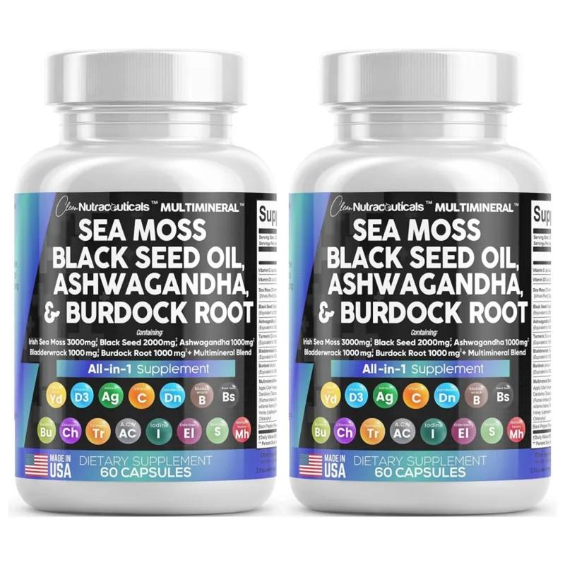 Sea Moss 3000mg Black Seed Oil 2000mg Ashwagandha 1000mg Turmeric 1000mg Bladderwrack 1000mg Burdock 1000mg & Vitamin C & D3 With Elderberry Manuka Dandelion Yellow Dock Iodine Chlorophyll ACV