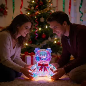 1Pc Romantic LED Colorful Bear Lighting with Red Bow Glow Bear Ornament, Holiday Party Decorative Light, USB Powered, Funny Desktop Countertop Entrance Decoration, Birthday, Anniversary, Wedding Decoration Gift
