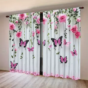 2 Piece Set Fresh Floral Curtains, Durable Semi-Transparent Polyester Fabric, Washable, Ideal for Bedroom/living Room/library