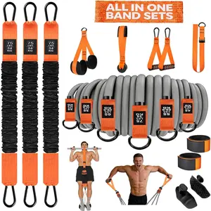 2 in 1 18 count Heavy Resistance Bands & Assisted Pull Up Bands Combo - 300LBS/225LBS with Non-Slip Handles, Ankle Straps, Door Anchor, Adjustable Bands & Foot Pedals for Strength