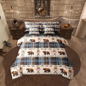 Buffalo Plaid Comforter Set,with Sheets Bear 7-Piece Bedding Set for Kids Boys Girls Wildlife Farmhouse Cabin Hunting Retro Blue Brown Lightweight Bed in A Bag,