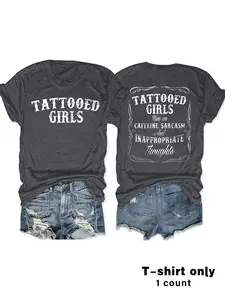 Women's Tattooed Girls Print Round Neck Tee, Vintage Trendy Casual Chic Minimalist Short Sleeve T-shirt for Daily Wear, Ladies Summer, Top, Streetwear, Womenswear