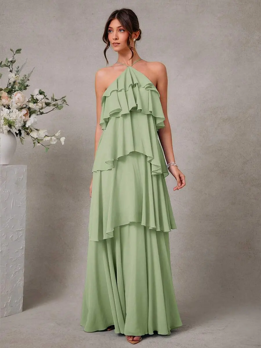 JADEE Elegant Romantic Wedding Guest Solid Halter Tiered Chiffon Maxi Dress for Women