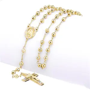 Men's 6mm Bead Rosary Gold Plated Guadalupe & Jesus Cross 28" Necklace HR 600 G