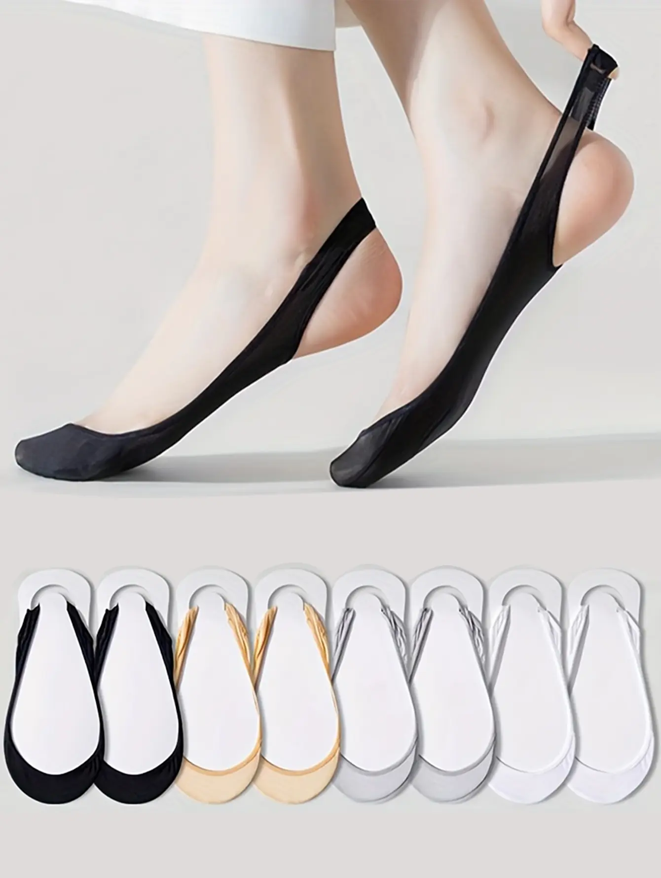 Women's No Show Socks, 8 Pairs Ice Silk Fabric Toe Toppers, Ultra Low Cut Liners with Non-Slip Grip and an Invisible Elastic Slingback Strap, Lady, Ballet, Style, Anti-Slip Grip No Show & Liner Socks, Silicone Grip Hold