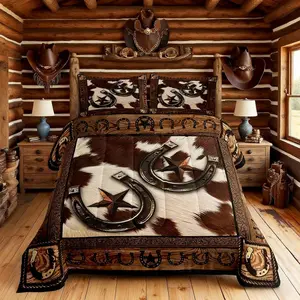 Western Cowboy Comforter Set,Western Texas Star Horseshoes Retro Bedding Set,Boys Girls Adults Room Decor,Cow Fur Wooden Plank Down Comforter,Rustic Farmhouse Duvet Insert