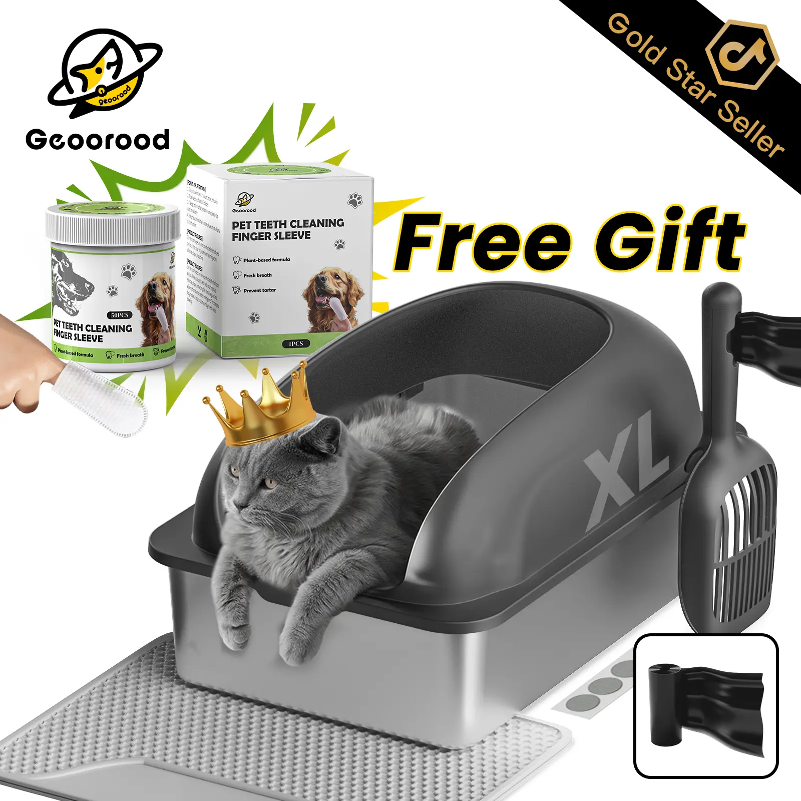 Stainless Steel Litter Box with Scoop (Includes Pet Teeth-Cleaning Finger Covers) —— A metal litter box designed specifically for large cats—rust-resistant, easy to clean, and sturdy and durable—comes with disposable pet teeth-cleaning finger covers