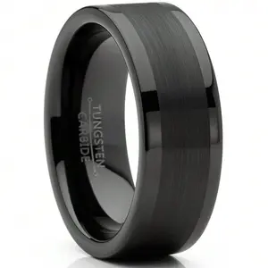 Mens Tungsten Ring Black Wedding Band High-Polish Comfort-Fit 8MM