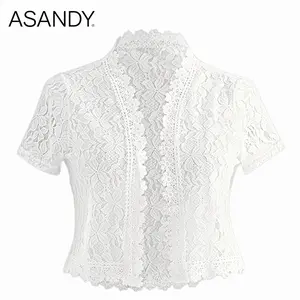 ASANDY Women's Elegant Floral Lace Cropped Mock Neck Shortleeve Top - Scalloped Hem, Sheer, Versatile Silhouette Blouse, Chic Style Clothes for Date Night, Daily Brunch,summervibes