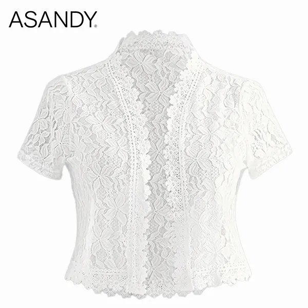 ASANDY Women's Elegant Floral Lace Blouse - Sheer Mock Neck Cropped Top with Short Sleeves and Scalloped Hem for Date Night, Elegance, Date Night Top, Floral Print, Chic
