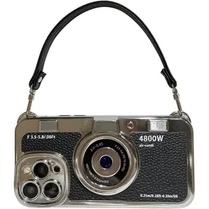 Electroplated Camera Phone Case with Hand Strap, Vintage Style Camera Design Phone Case for iPhone 14 13 12 11 Pro Max Case (Black, for iPhone 15)