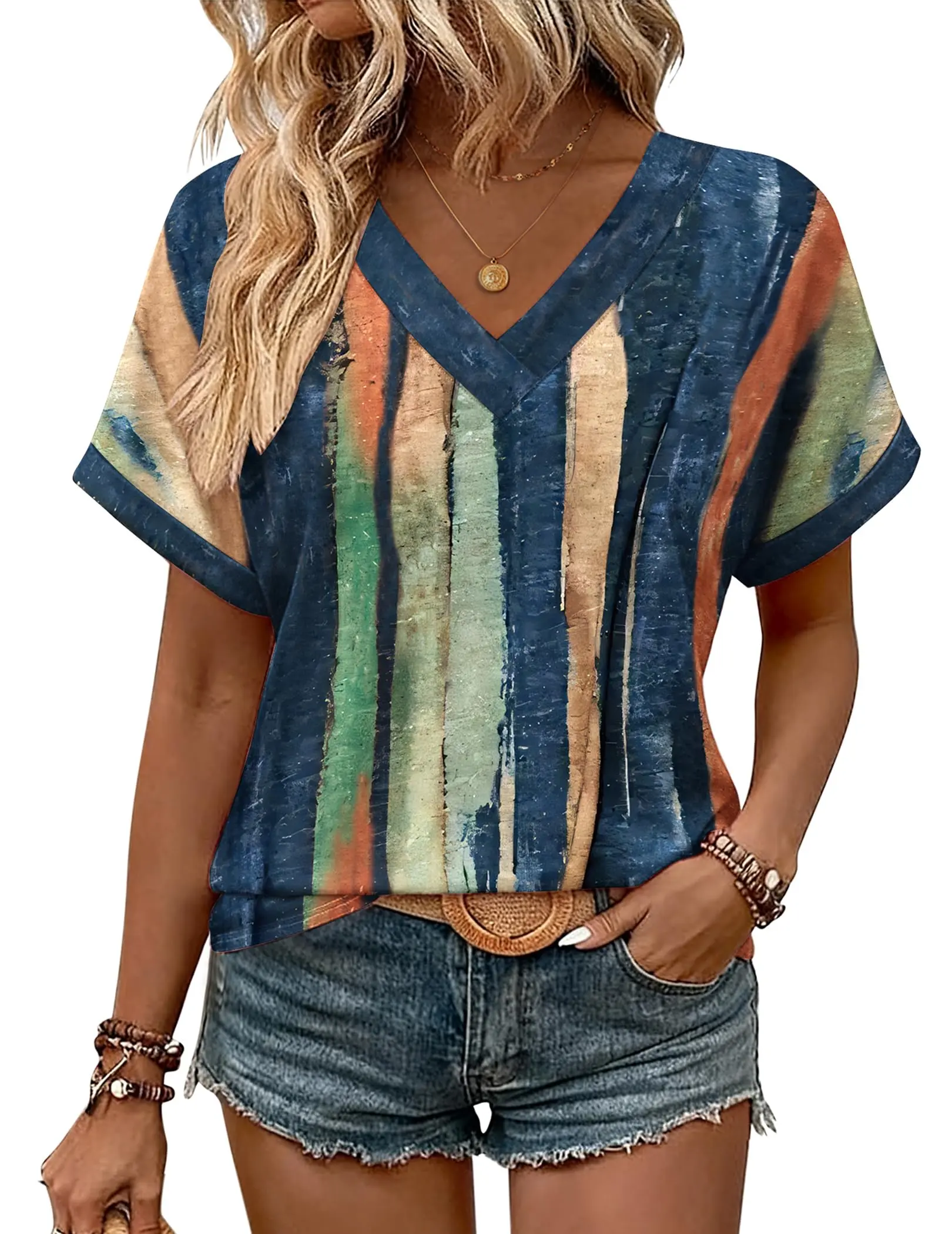 Women's Summer Body Hugging Tops Rolled Shortsleeve V-Neck Casual Minimalist Batwing Sleeve Basic Womenswear Blouses Outfits