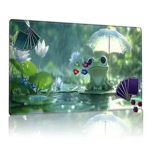 Whimsical Frog & Lily Pad Rainy Day MTG Playmat - 12x24in Non-Slip, Perfect for TCG Gaming, Family Gatherings & as Gift