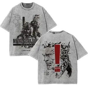 Metal Gear Solid 2 Substance Graphic T Shirt Vintage Washed Heavyweight Cotton Oversized Tee Hideo Kojima Solid Snake Retro Video Game Merch Red Exclamation Alert Acid Wash Men Women Unisex Y2K Grunge Streetwear Trending Summer Outfits Gifts