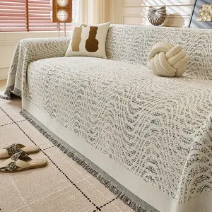 1pc Bohemian Wavy Tassel Sofa Cover, Anti-slip Sofa Throw Blanket, Pet-friendly, All-season, Washable Home Protector