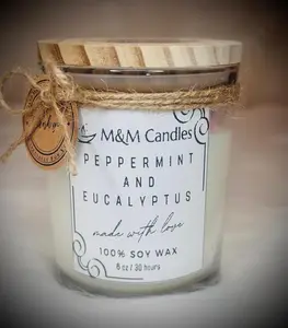 Peppermint and Eucalyptus, M&M Candles, Handmade Soy Wax Candle, 6 oz, 30 Hour Burn Time, Wooden Lid with Twine