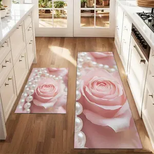 2Pcs Pink Rose Pearl Floor mat set including farmhouse kitchen Runner Rug dining room flooring laundry room decorative carpet mat