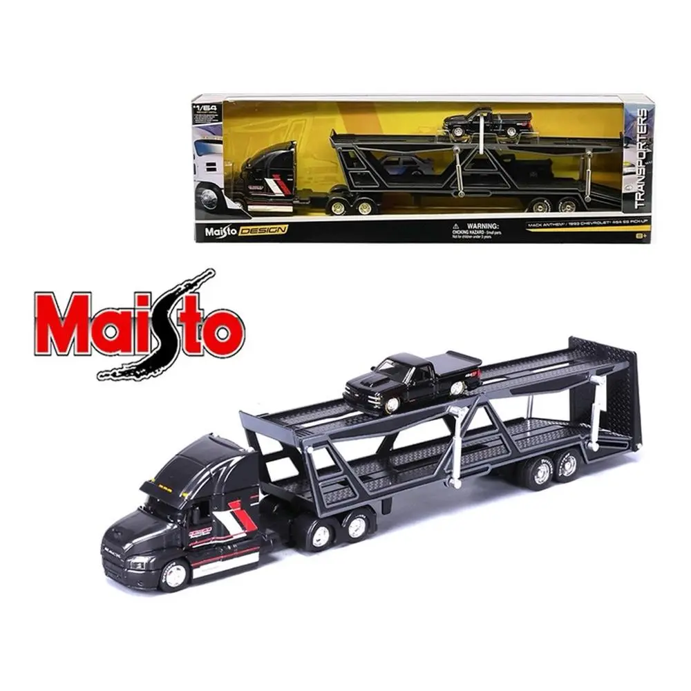 Maisto 1:64 Mack Transporter Open Trailer with 1993 Chevrolet 454 SS Pickup Black Design Transporters Model