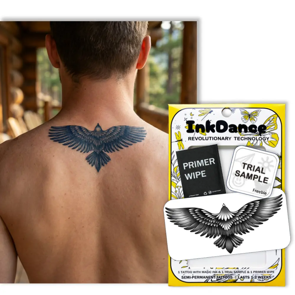 InkDance Semi-Permanent Tattoo, Ascending Shadow Eagle, Long Lasting Temporary Tattoos, Waterproof Plant-Based Ink, Lasts 1-2 Weeks, Color Develops in 24 Hours D158