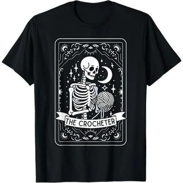 Crew Neck Short-Sleeve Tarot Card Graphic T-Shirt, Heavyweight Cotton Top for Crochet Lovers, Casual Craft Hobby Sports Top