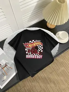 Toddler Boy's Car & Letter Print Top Round Neck Tee, Casual Short Sleeve T-shirt for Daily Wear, Kids Clothing for All Seasons