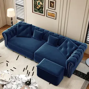 Eyisean 89" King Size Velvet Couch with Ottoman, Tufted Design, 3-in-1 Convertible Pull Out Chesterfield Sleeper Sofa Bed , Queen Sleeper Couch for Small Spaces Apartments, Guest Rooms, Living Room