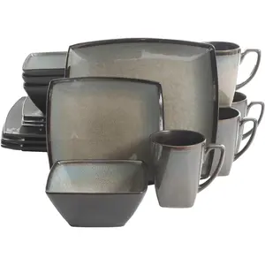 Square Reactive Glaze Stoneware Plates and Bowls Dishes Dinnerware Set, Service for 4 (16pcs), Taupe