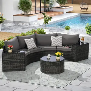 Outdoor Patio Furniture 7-Piece Half-Moon Sectional Round Patio Furniture Set Sofa with Tempered Glass Round Coffee Table